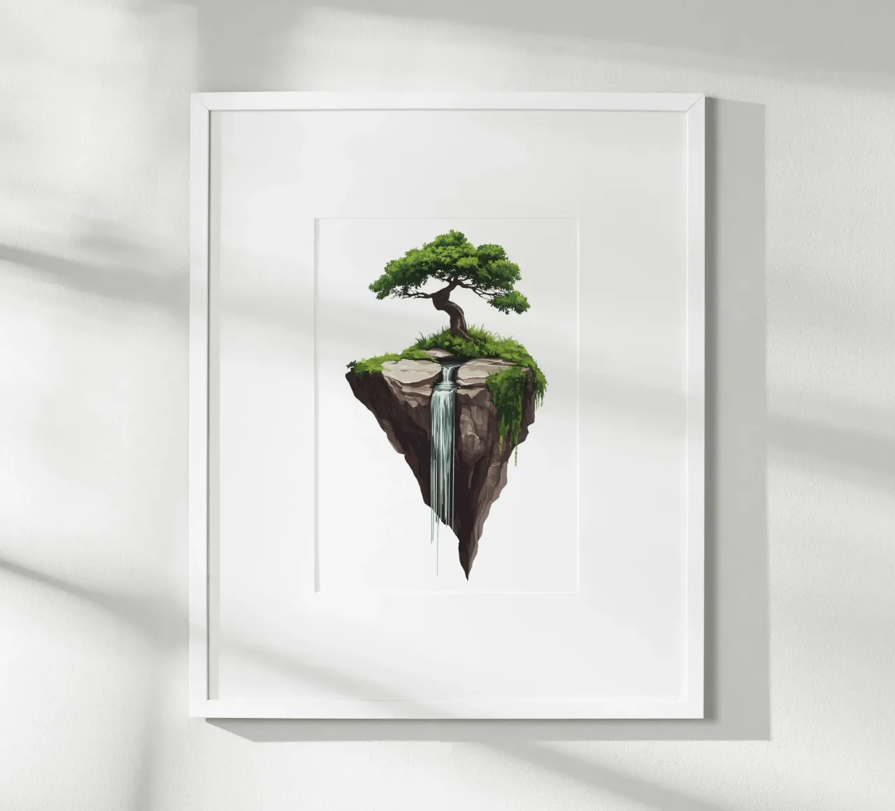 Bonsai with waterfall on a floating rock poster by pixelbull - medieval art and more