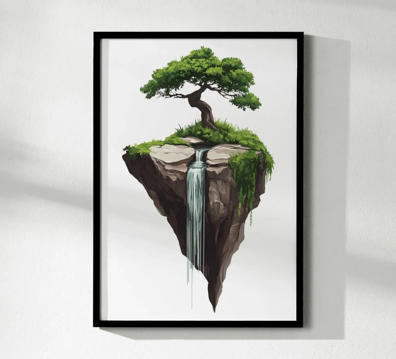 Bonsai with waterfall on a floating rock poster by pixelbull - medieval art and more