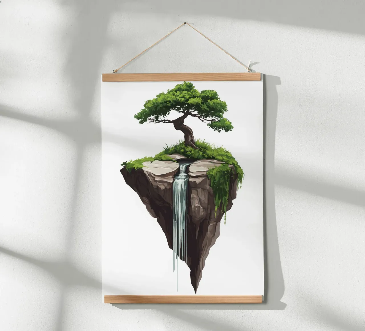 Bonsai with waterfall on a floating rock poster by pixelbull - medieval art and more