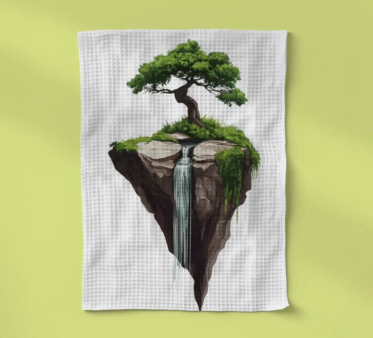 Bonsai with waterfall on a floating rock tea towel by pixelbull - medieval art and more