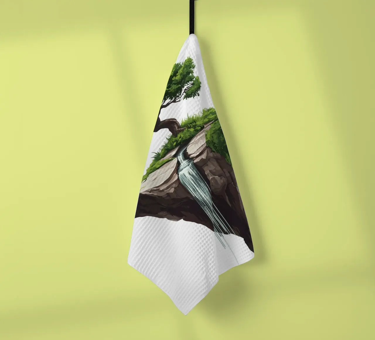 Bonsai with waterfall on a floating rock tea towel by pixelbull - medieval art and more