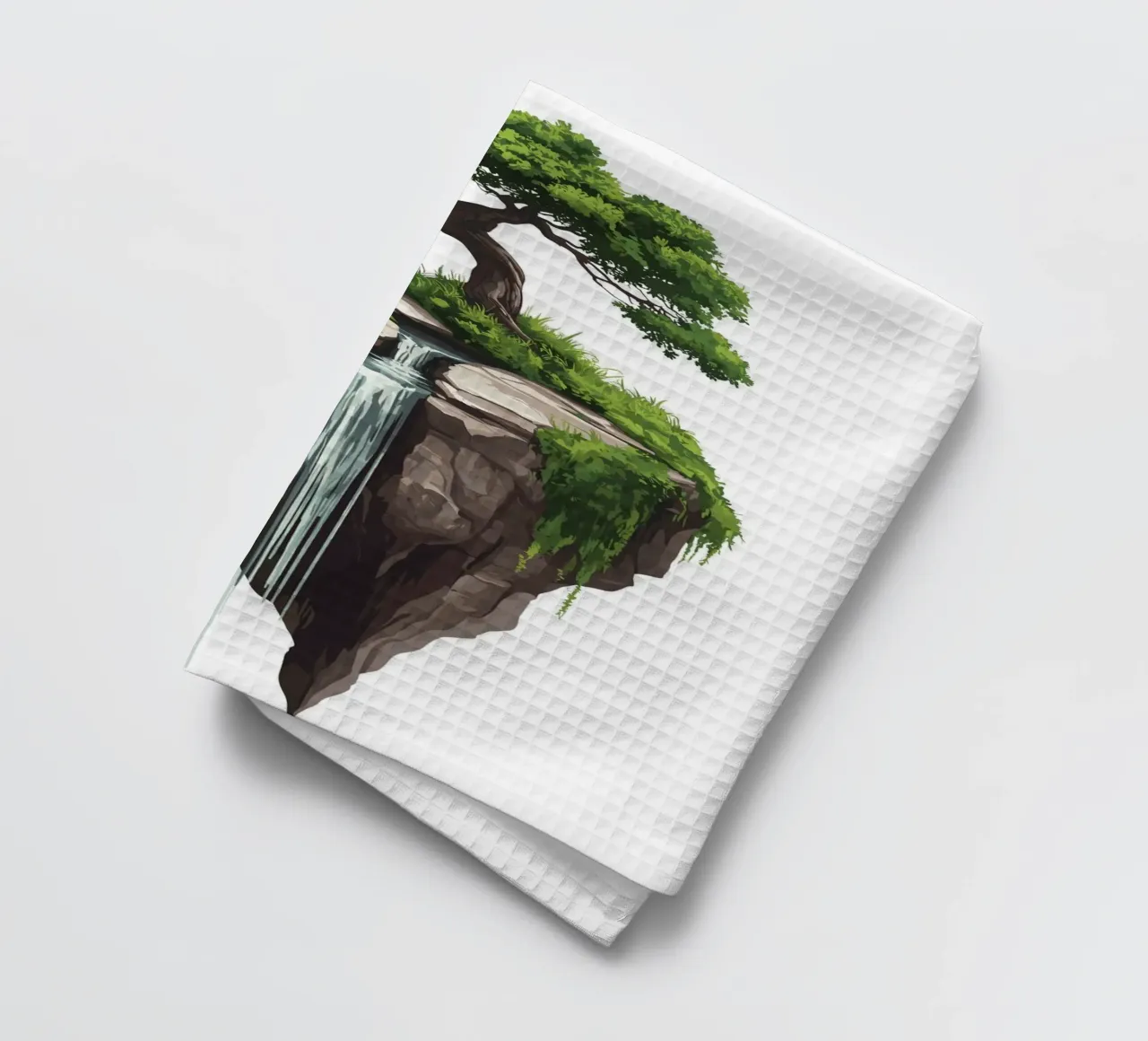 Bonsai with waterfall on a floating rock tea towel by pixelbull - medieval art and more