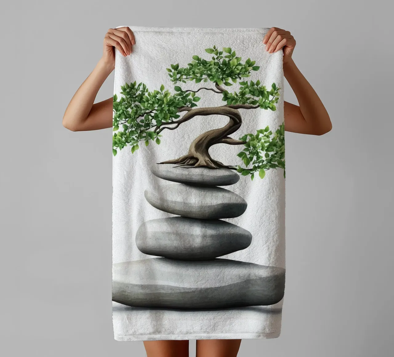 Bonsai su pietre Zen impilate asciugamano da bagno da pixelbull - medieval art and more