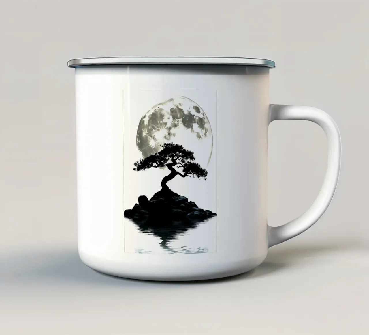 Bonsai di fronte alla luna piena e all'acqua tazza in smalto da pixelbull - medieval art and more