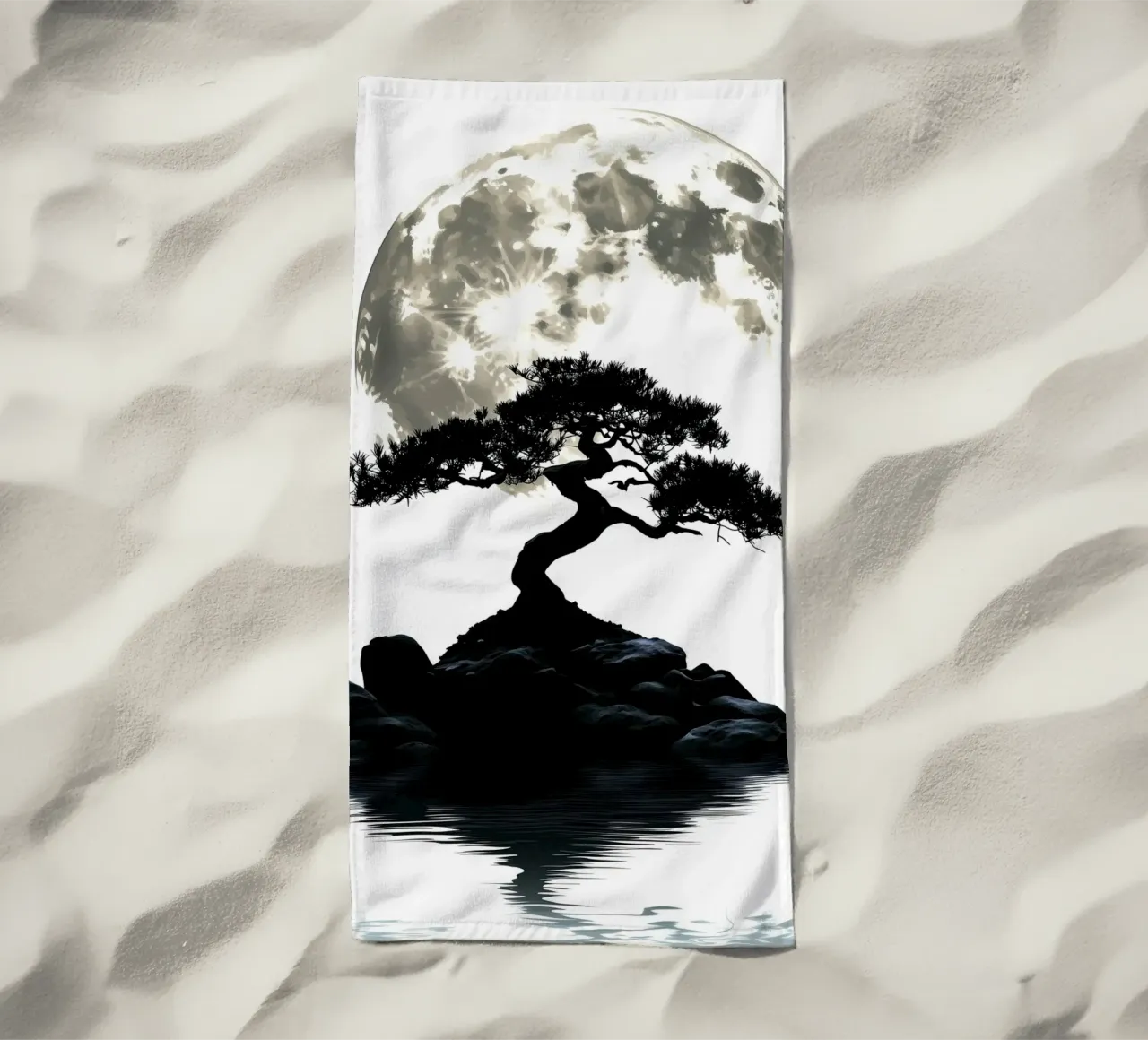 Bonsai di fronte alla luna piena e all'acqua telo mare da pixelbull - medieval art and more
