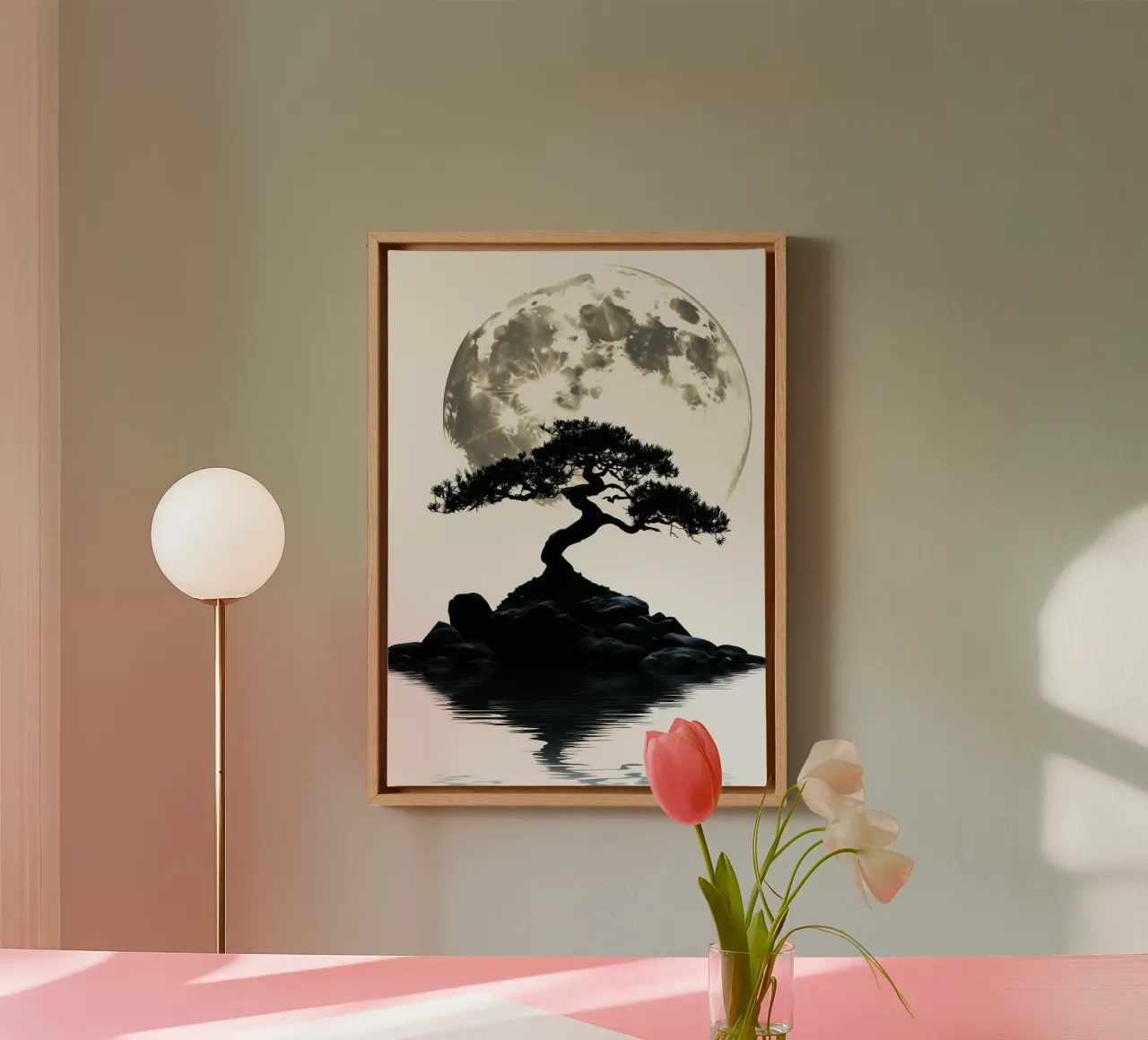 Bonsai in front of full moon and water canvas with Floater frame by pixelbull - medieval art and more