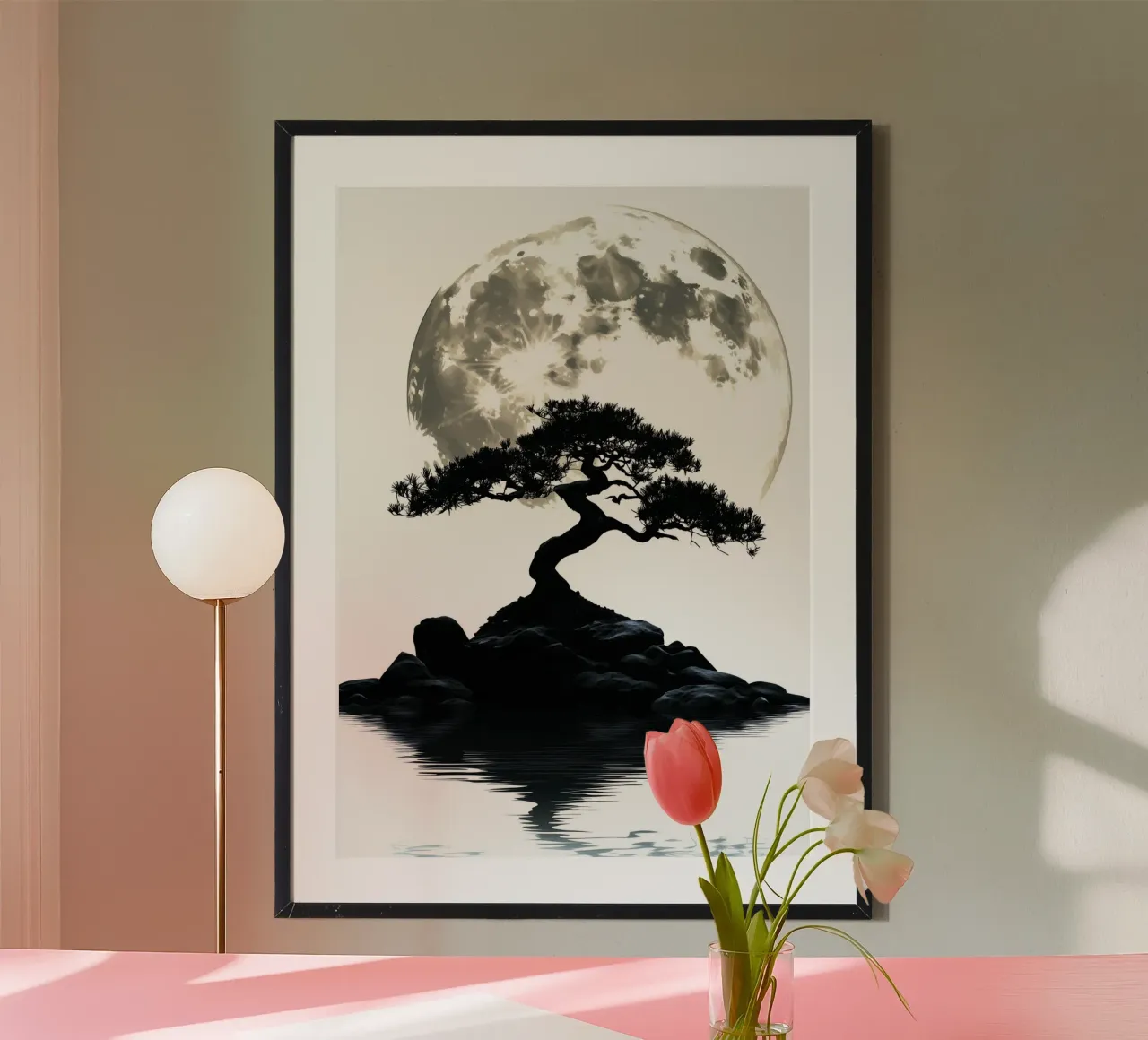 Bonsai di fronte alla luna piena e all'acqua carta hahnemühle da pixelbull - medieval art and more