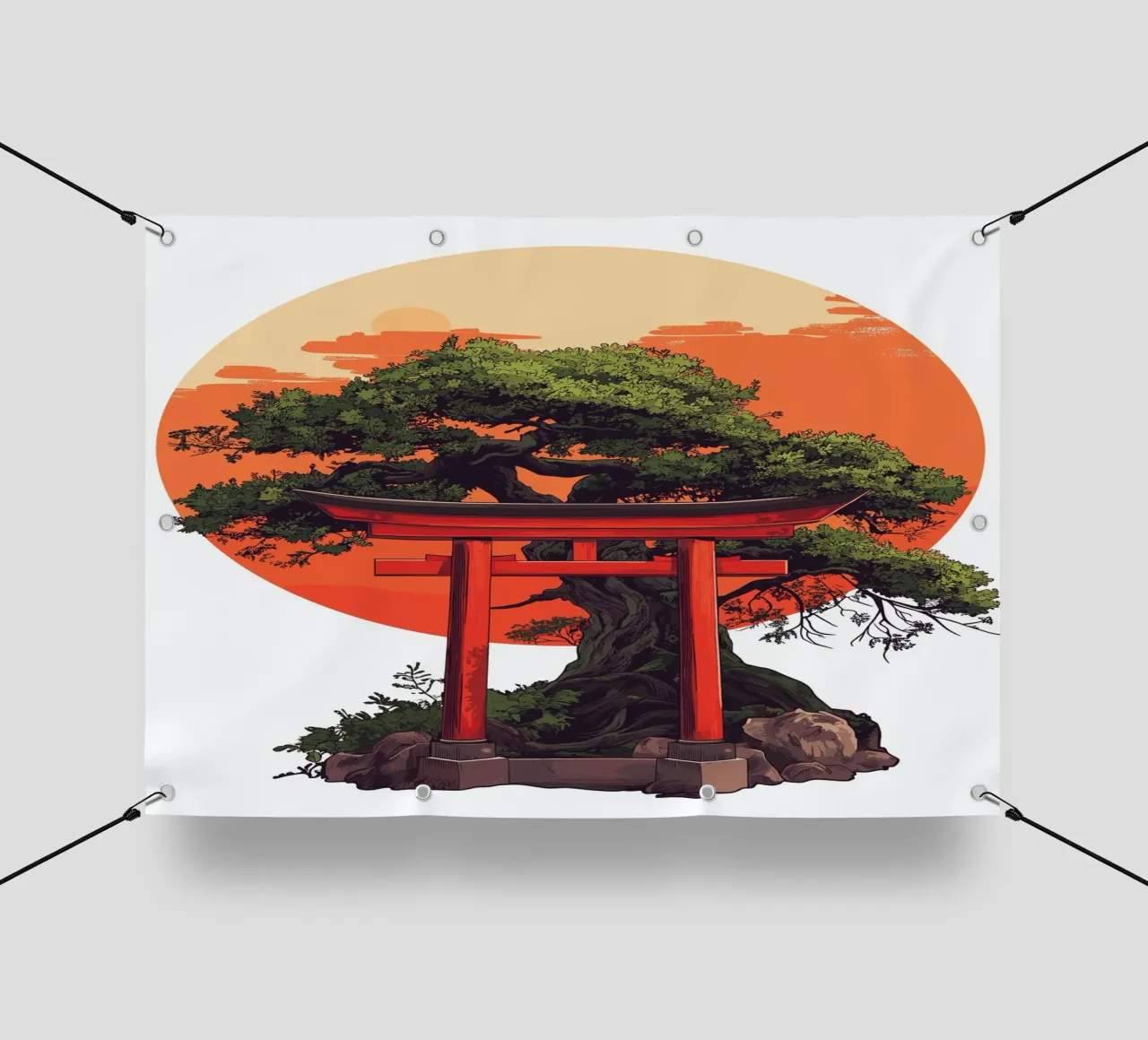 Bonsai con torii rosso prima del tramonto telo in pvc da pixelbull - medieval art and more