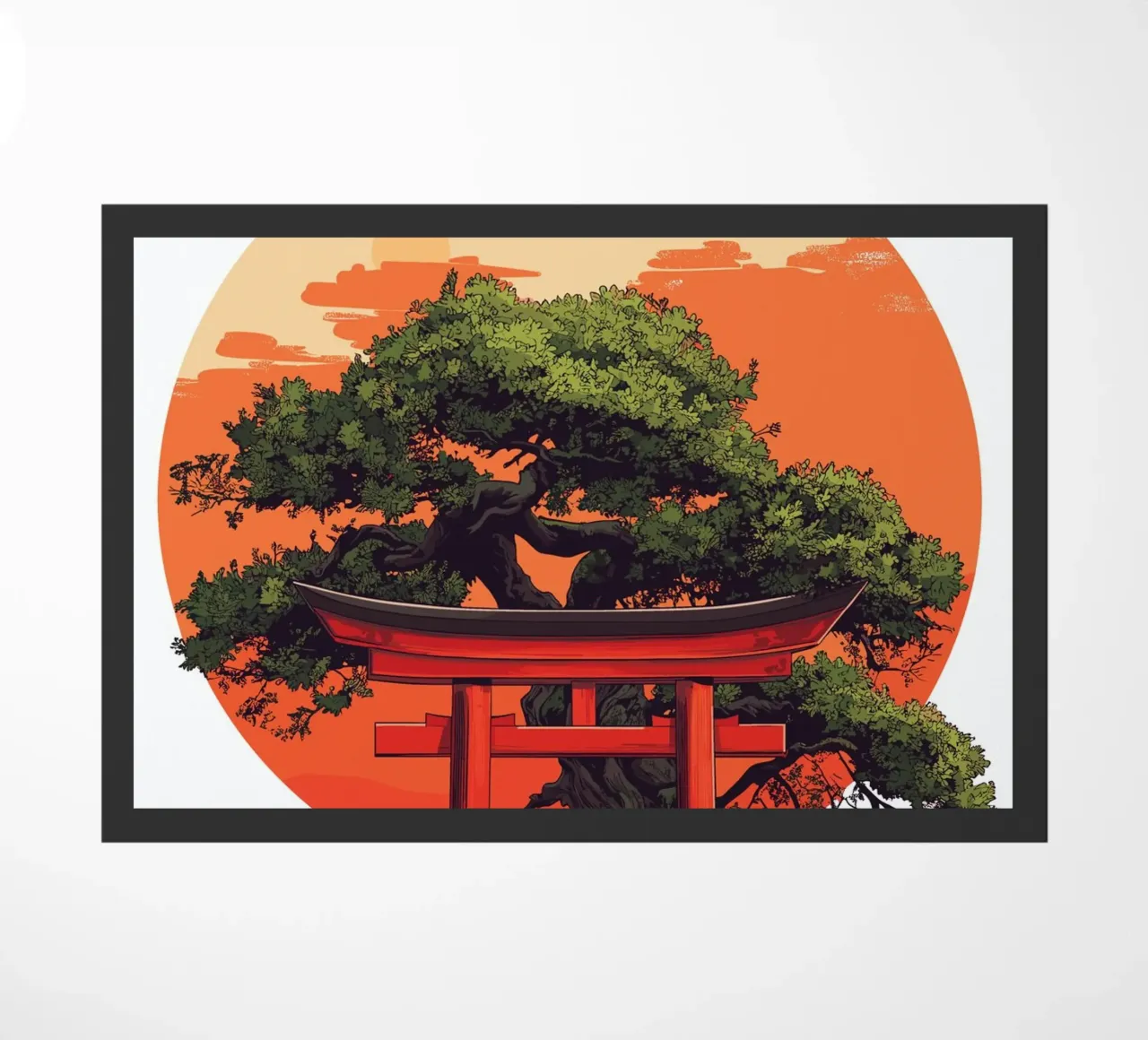 Bonsaï avec torii rouge devant le coucher du soleil paillasson de pixelbull - medieval art and more