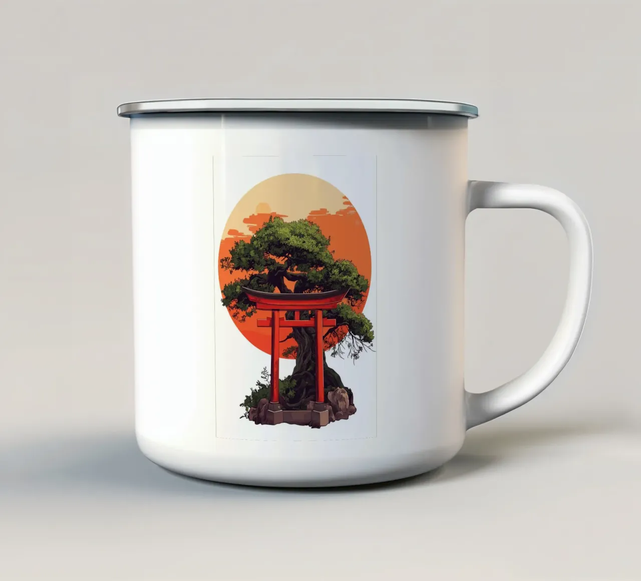 Bonsai con torii rosso prima del tramonto tazza in smalto da pixelbull - medieval art and more