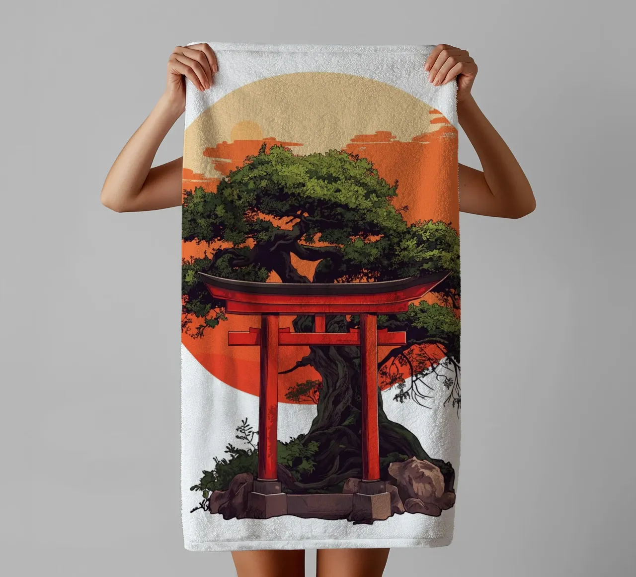 Bonsai with red torii before sunset towel by pixelbull - medieval art and more