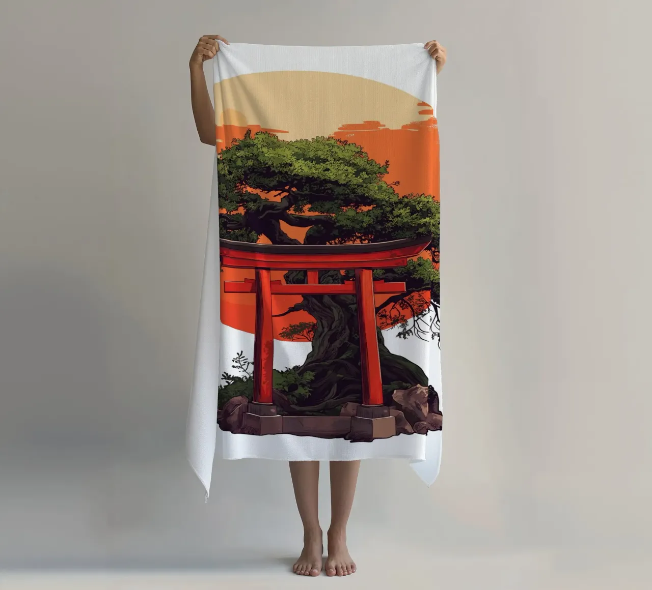 Bonsai con torii rosso prima del tramonto telo mare da pixelbull - medieval art and more