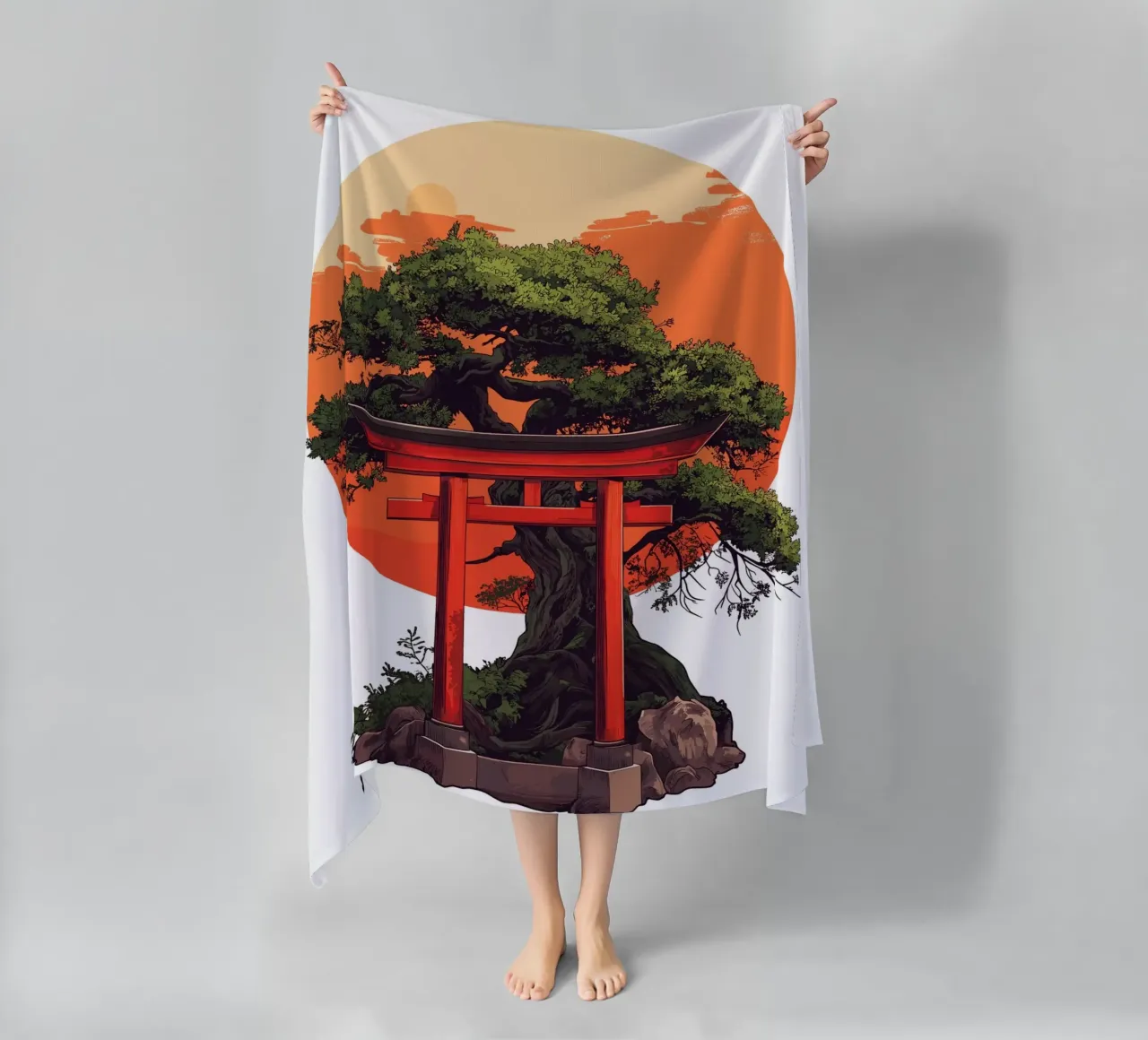 Bonsai con torii rosso prima del tramonto telo mare da pixelbull - medieval art and more