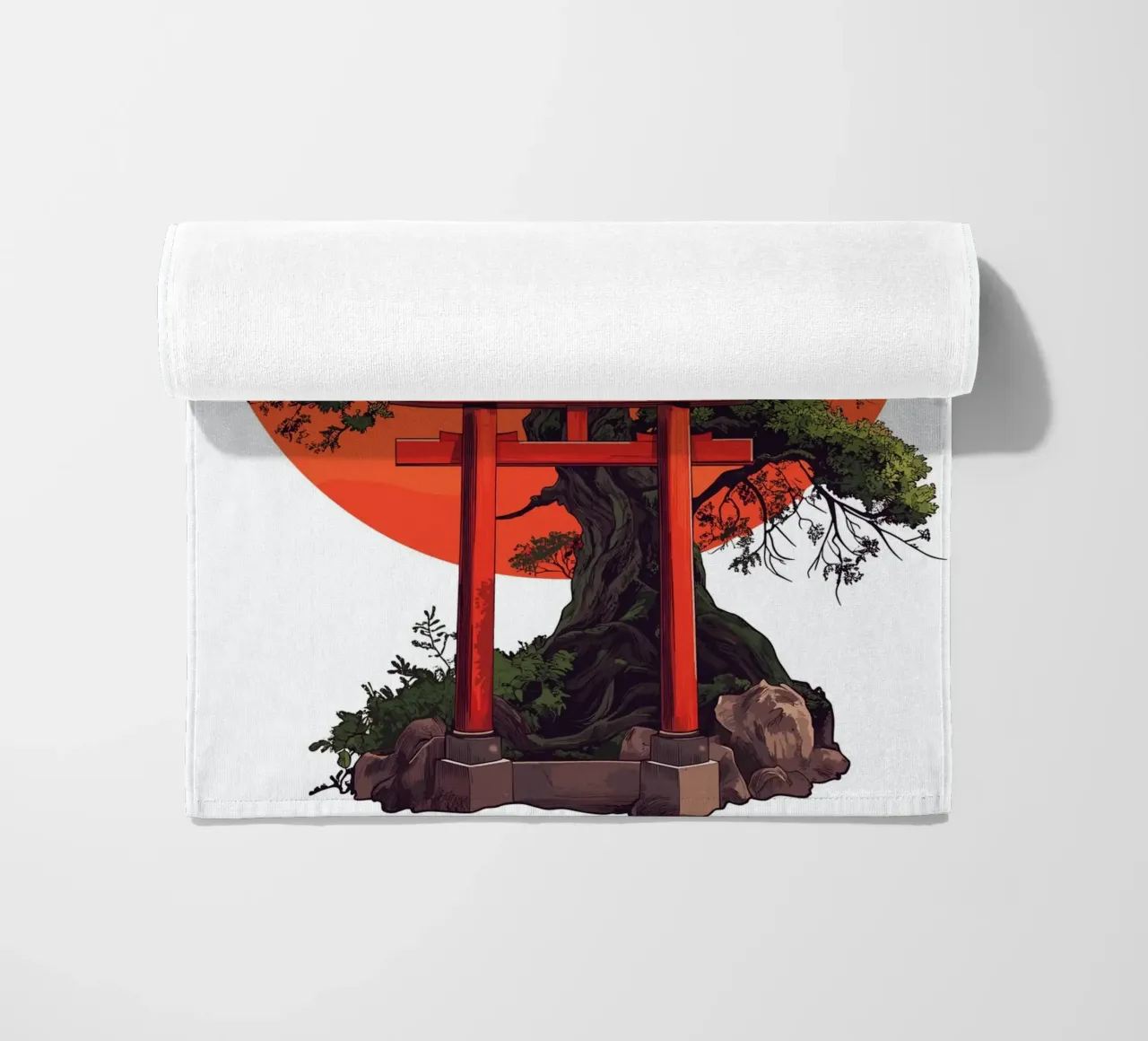 Bonsai con torii rosso prima del tramonto telo mare da pixelbull - medieval art and more