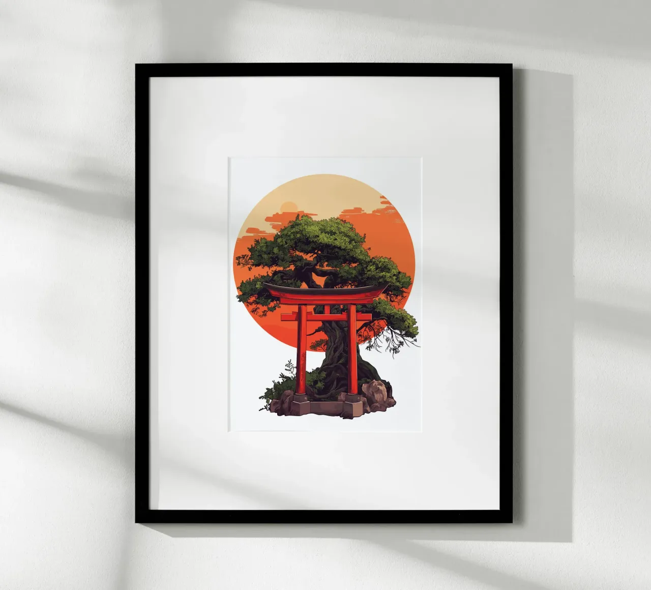 Bonsai con torii rosso prima del tramonto poster con telaio in plastica da pixelbull - medieval art and more