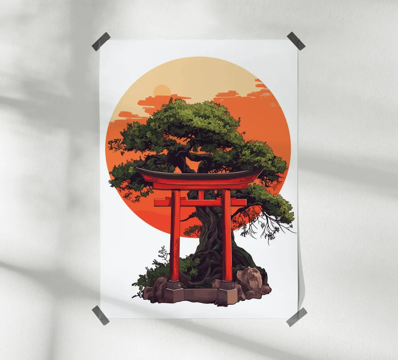Bonsai con torii rosso prima del tramonto poster con telaio in plastica da pixelbull - medieval art and more