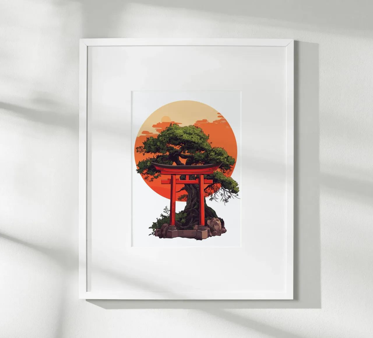 Bonsai con torii rosso prima del tramonto poster con telaio in plastica da pixelbull - medieval art and more