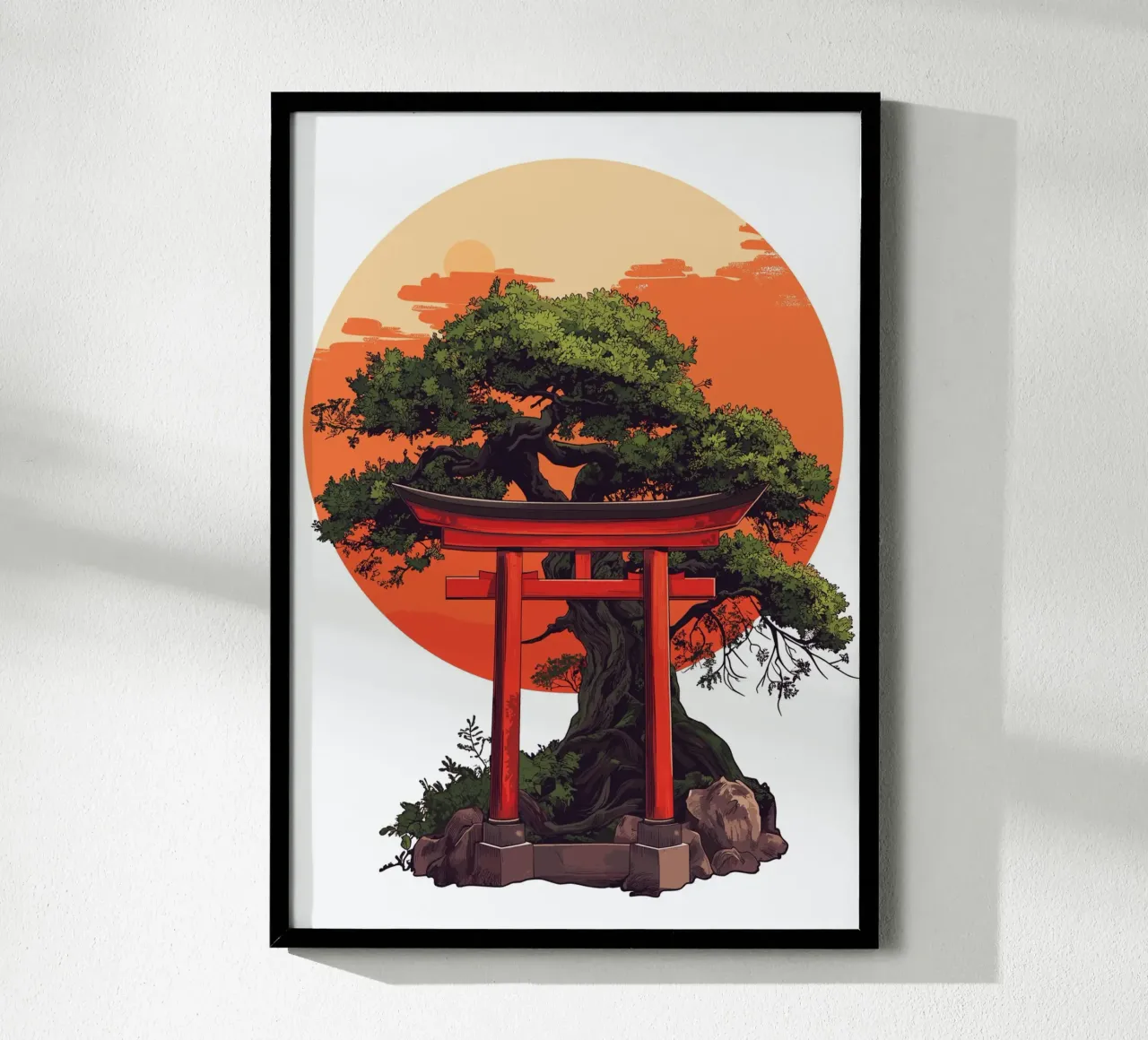 Bonsai con torii rosso prima del tramonto poster con telaio in plastica da pixelbull - medieval art and more