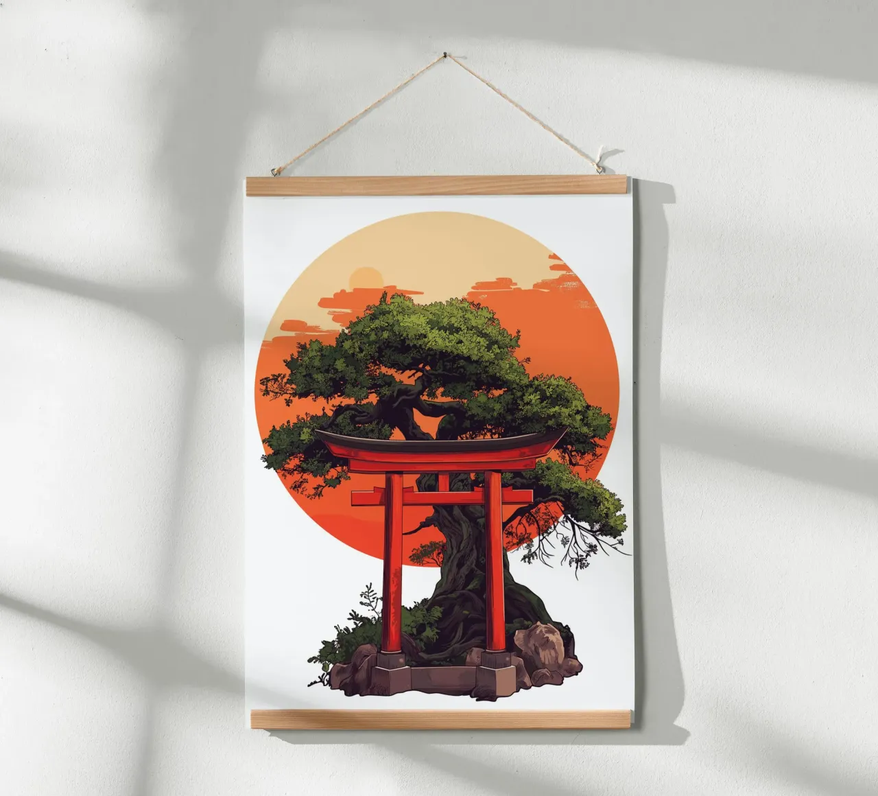 Bonsai con torii rosso prima del tramonto poster con telaio in plastica da pixelbull - medieval art and more