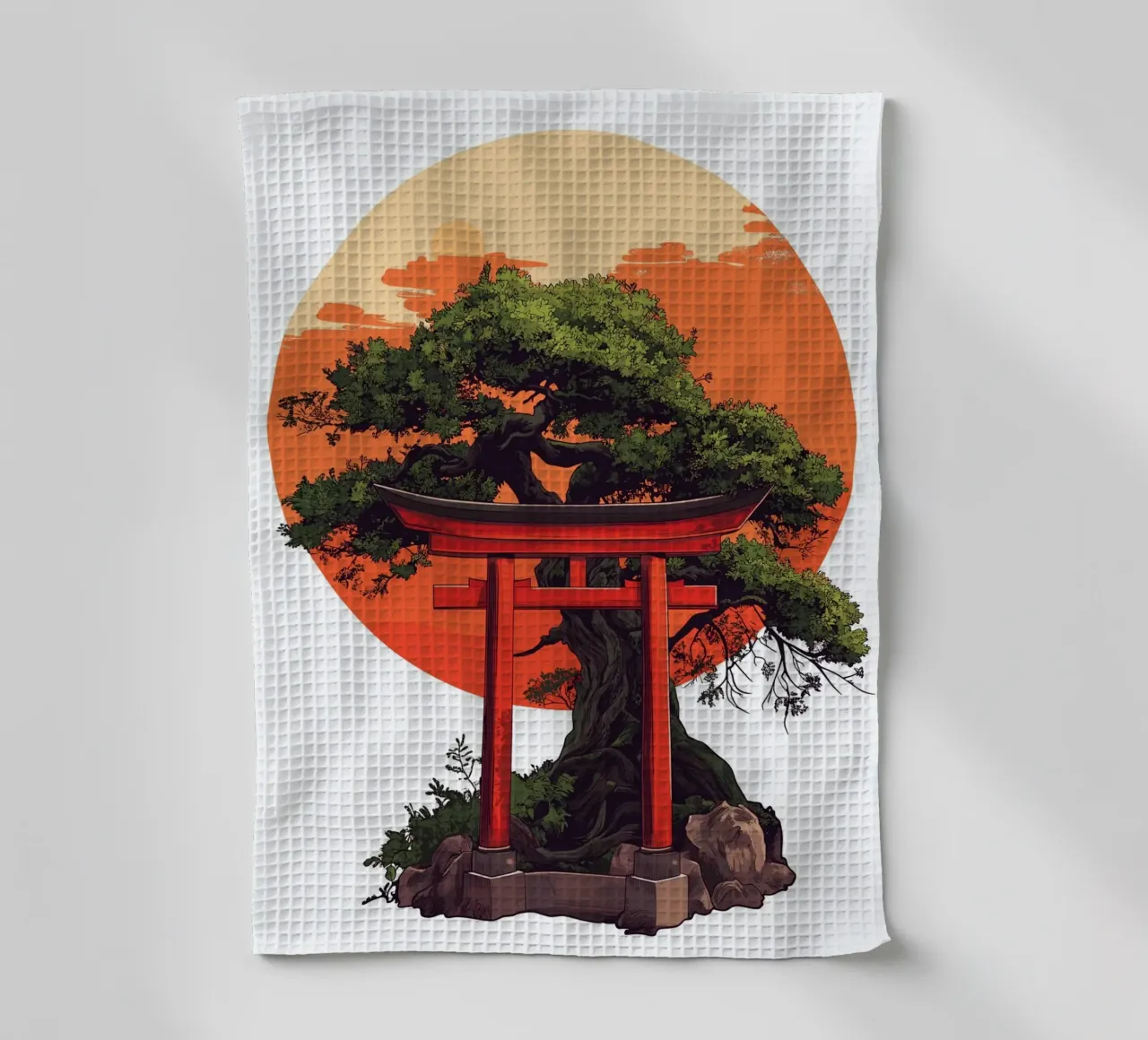 Bonsaï avec torii rouge devant le coucher du soleil torchon de pixelbull - medieval art and more