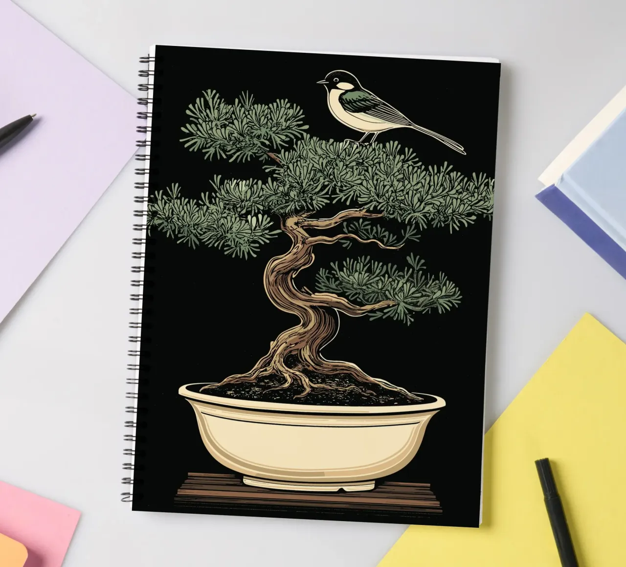 Bonsai with bird on branch spiral notebook by pixelbull - medieval art and more