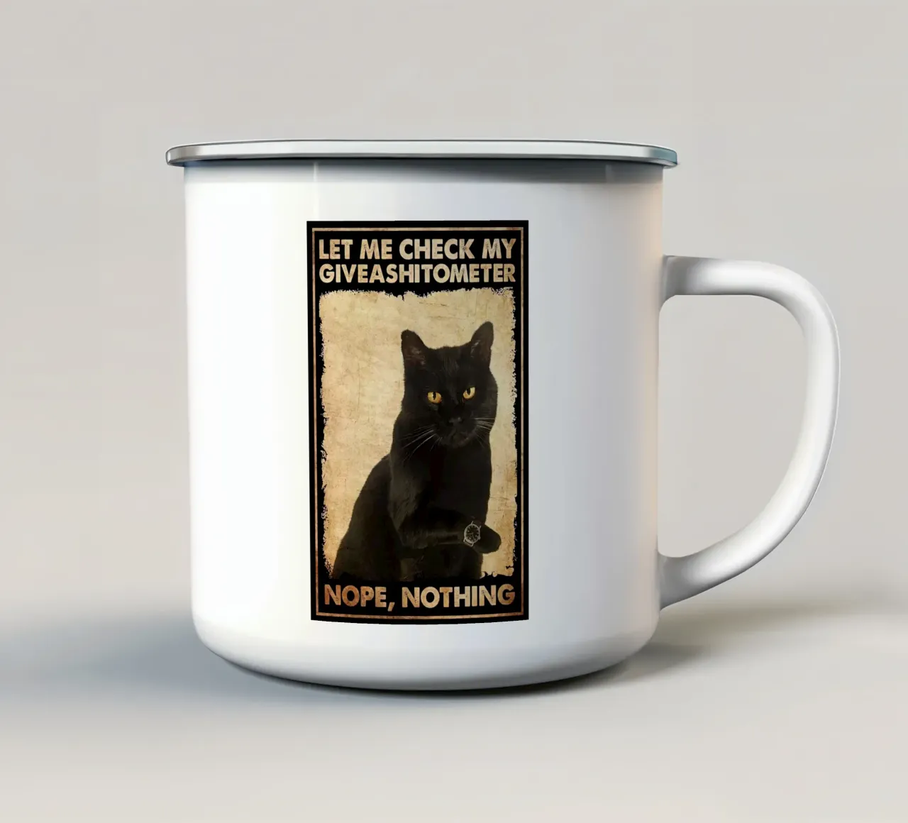 Fammi controllare il mio Giveashitometro Gatto Nero tazza in smalto da Aaronshop