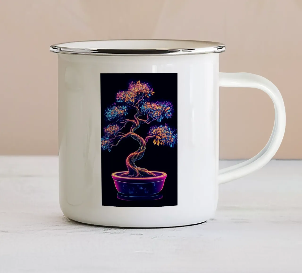 Bonsai cyberpunk dai colori neon tazza in smalto da pixelbull - medieval art and more