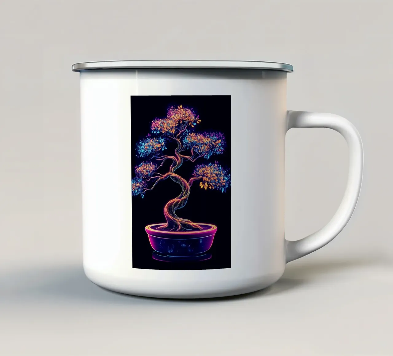 Bonsai cyberpunk dai colori neon tazza in smalto da pixelbull - medieval art and more