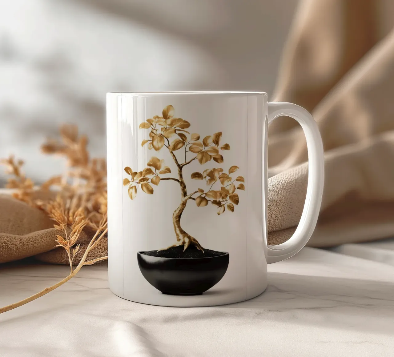 Un bonsai dorato in una ciotola nera tazza in ceramica da pixelbull - medieval art and more