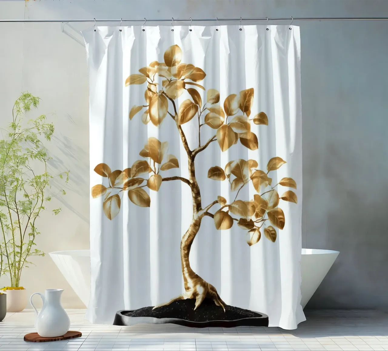 Un bonsai dorato in una ciotola nera tenda da doccia da pixelbull - medieval art and more