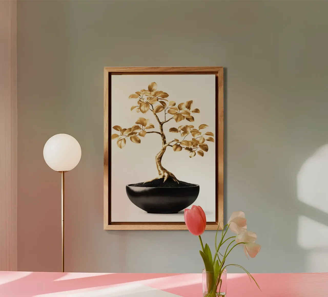 Un bonsai dorato in una ciotola nera alluminio dibond da pixelbull - medieval art and more
