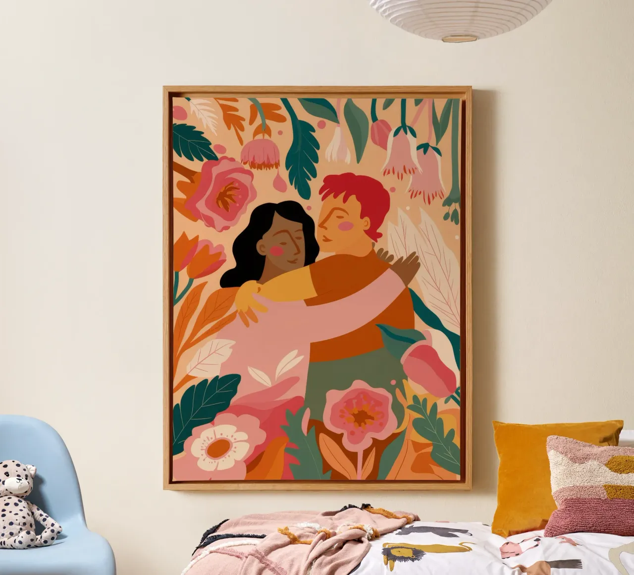 Hartstochtelijke bloemenknuffel canvas met Baklijst van Petal Canvas