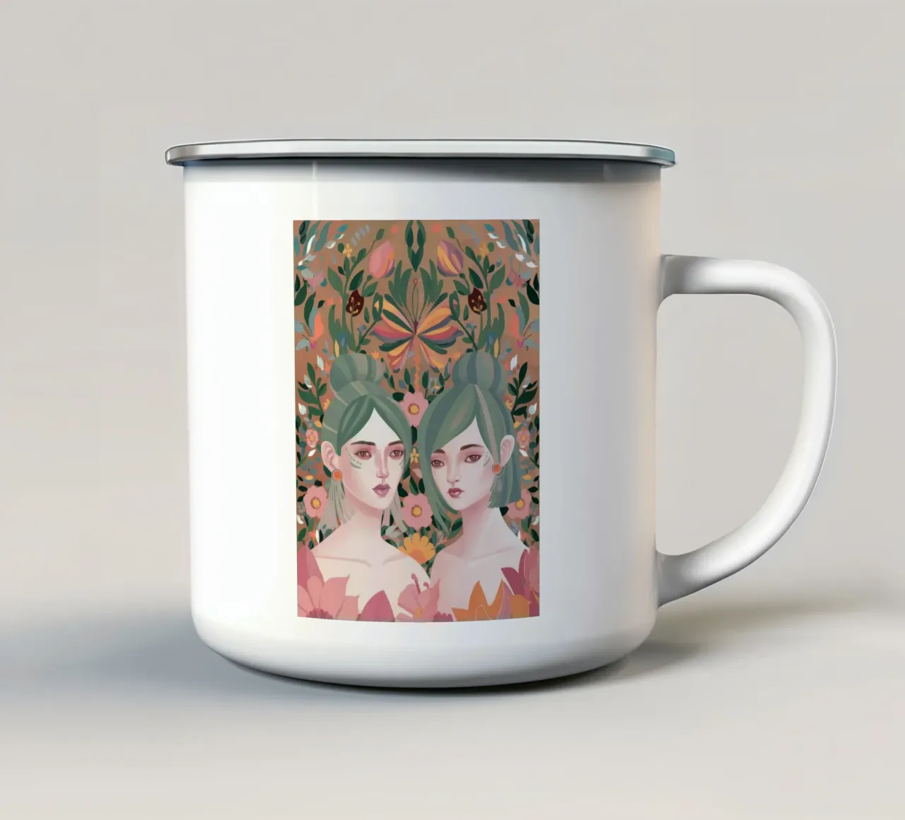 Gemelli floreali simmetrici tazza in smalto da Petal Canvas