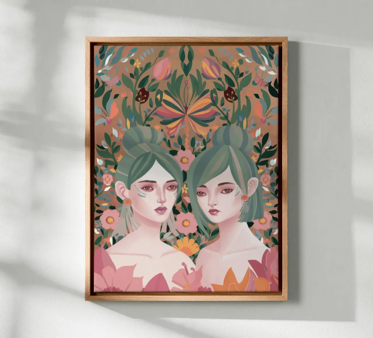 Symmetrische bloemen tweeling canvas met Baklijst van Petal Canvas