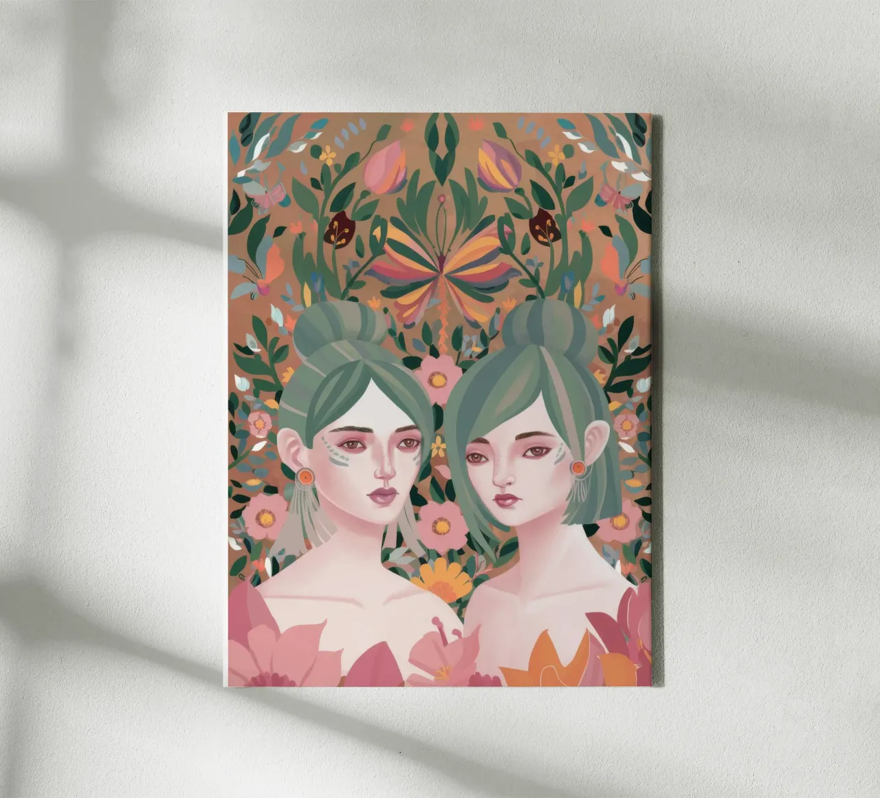 Symmetrische bloemen tweeling canvas met Baklijst van Petal Canvas