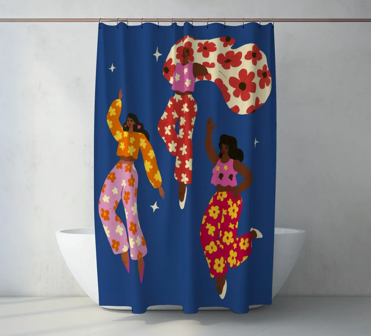 Fröhlicher Blumentanz Duschvorhang von Petal Canvas