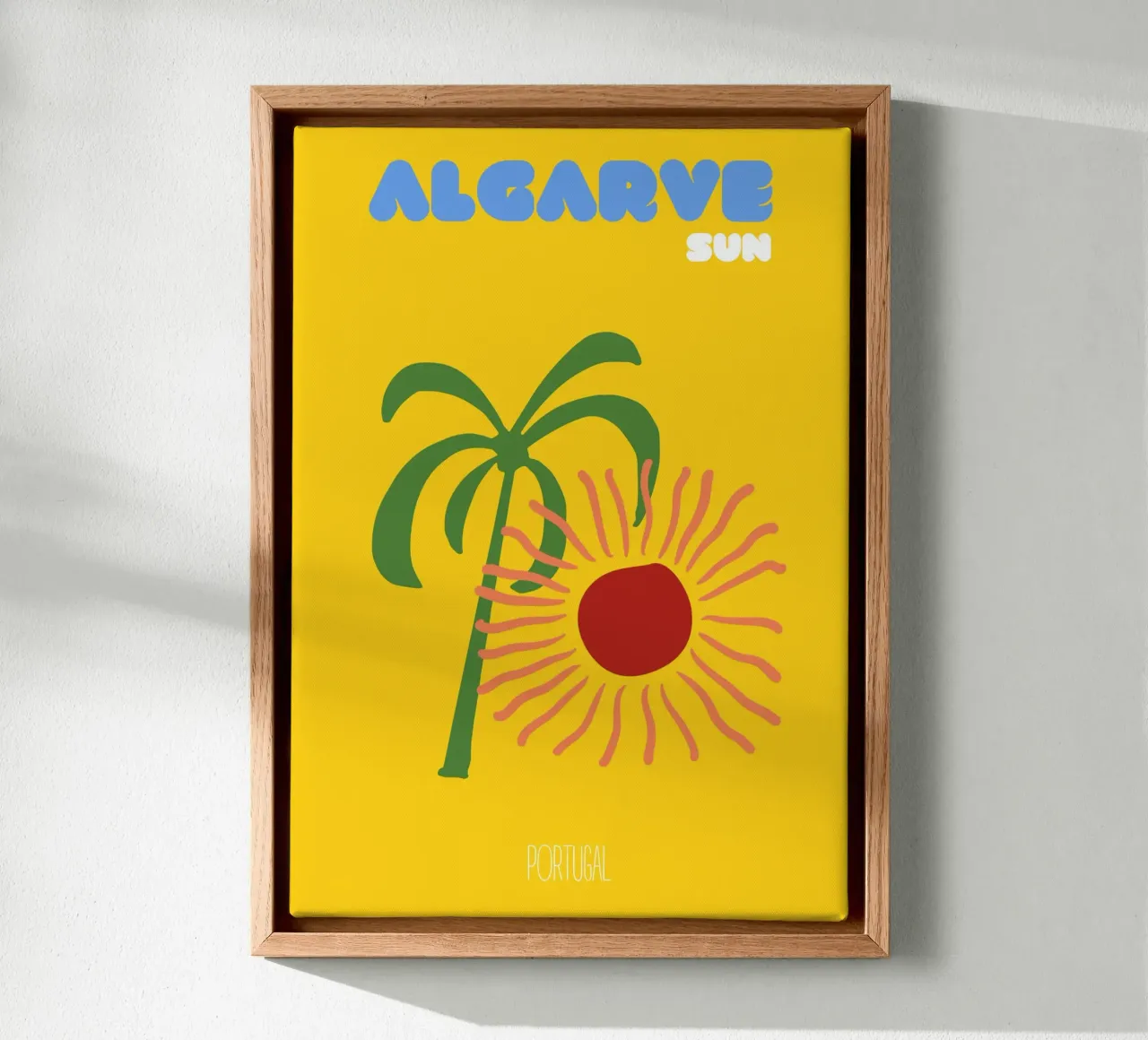 Algarve Portugal Travel Print | Sunny Palm Tree Retro Summer canvas with Floater frame by NorwesClub
