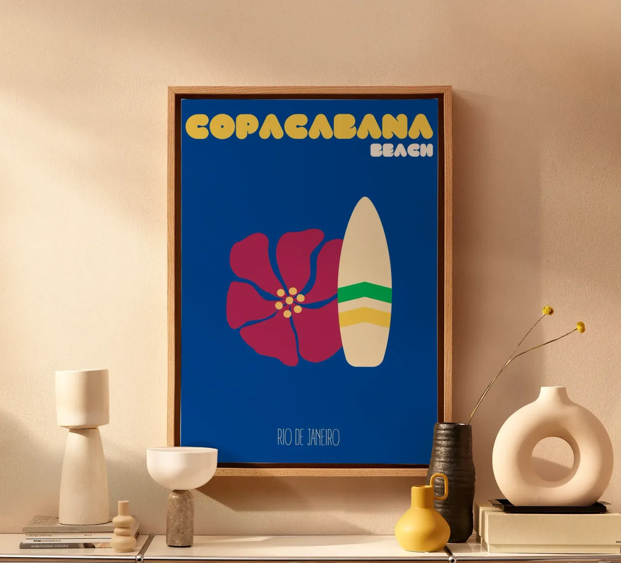 Rio Retro Copacabana: Surfboard & Tropical Bloom Art - Brazi canvas with Floater frame by NorwesClub