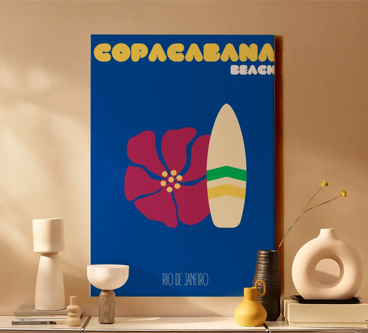 Rio Retro Copacabana: Surfboard & Tropical Bloom Art - Brazi canvas with Floater frame by NorwesClub