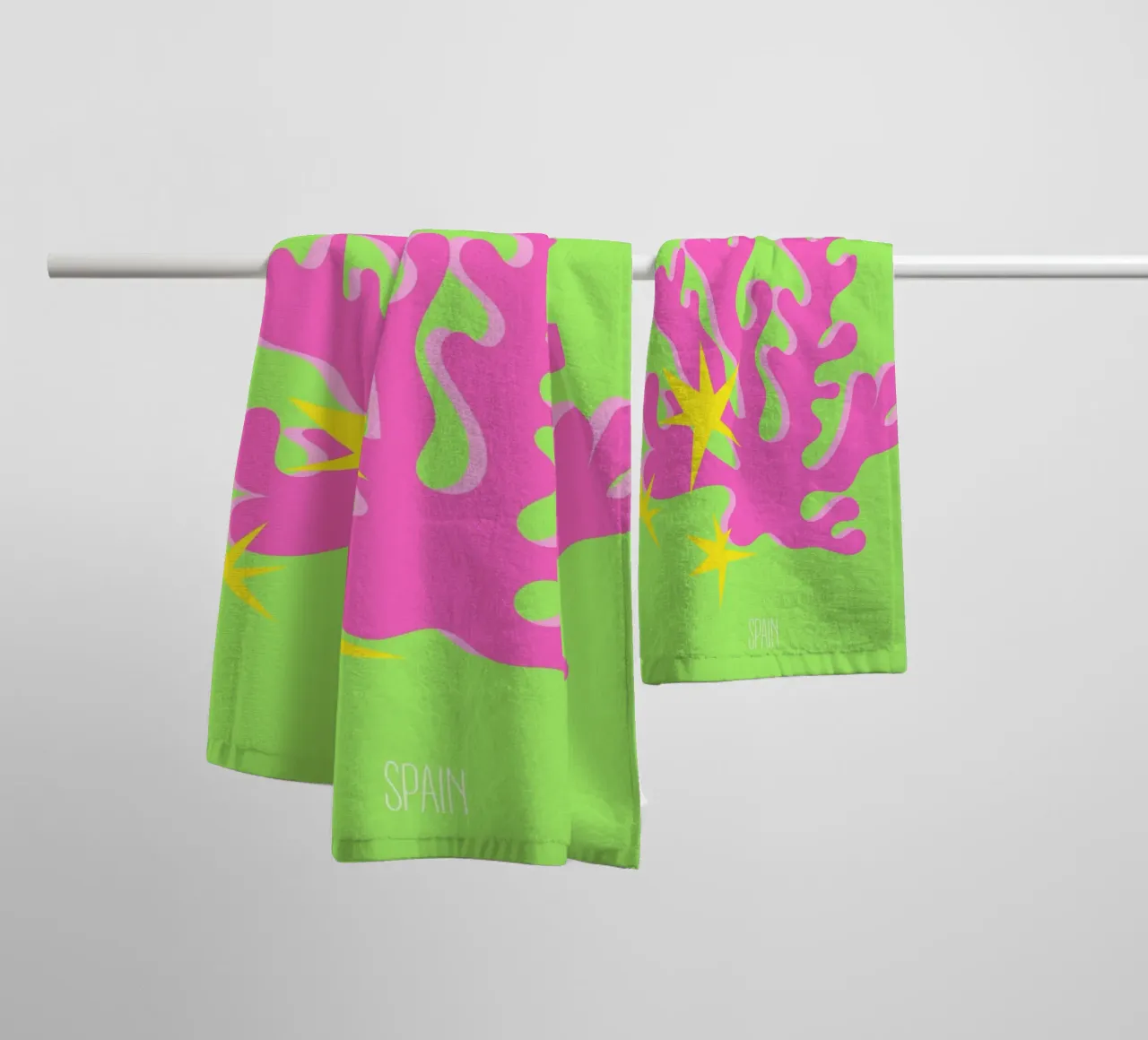 Ibiza Glow: Abstract Coral & Starburst Vibes - Neon Pop Art towel by NorwesClub