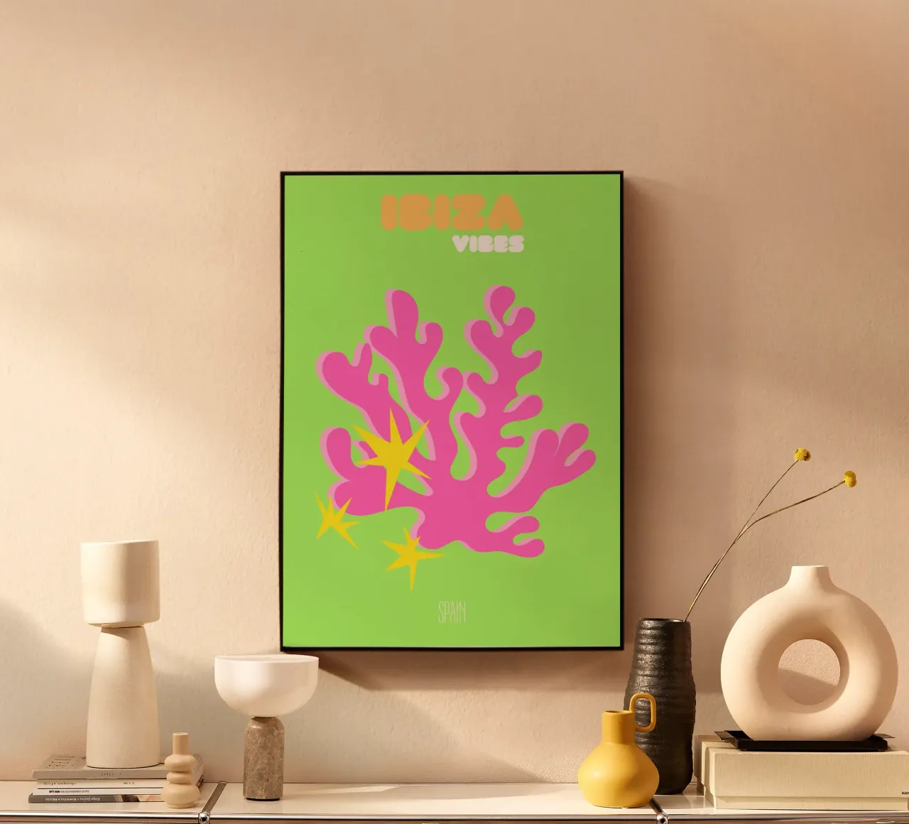 Ibiza Glow: Abstract Coral & Starburst Vibes - Neon Pop Art metacrilato de NorwesClub