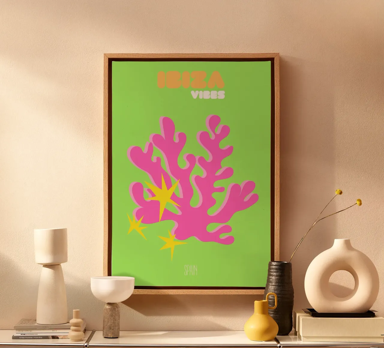 Ibiza Glow: Abstract Coral & Starburst Vibes - Neon Pop Art canvas with Floater frame by NorwesClub
