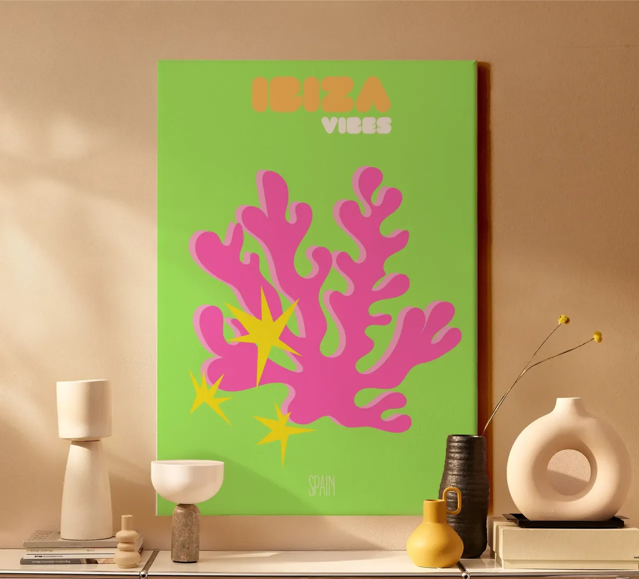 Ibiza Glow: Abstract Coral & Starburst Vibes - Neon Pop Art canvas with Floater frame by NorwesClub