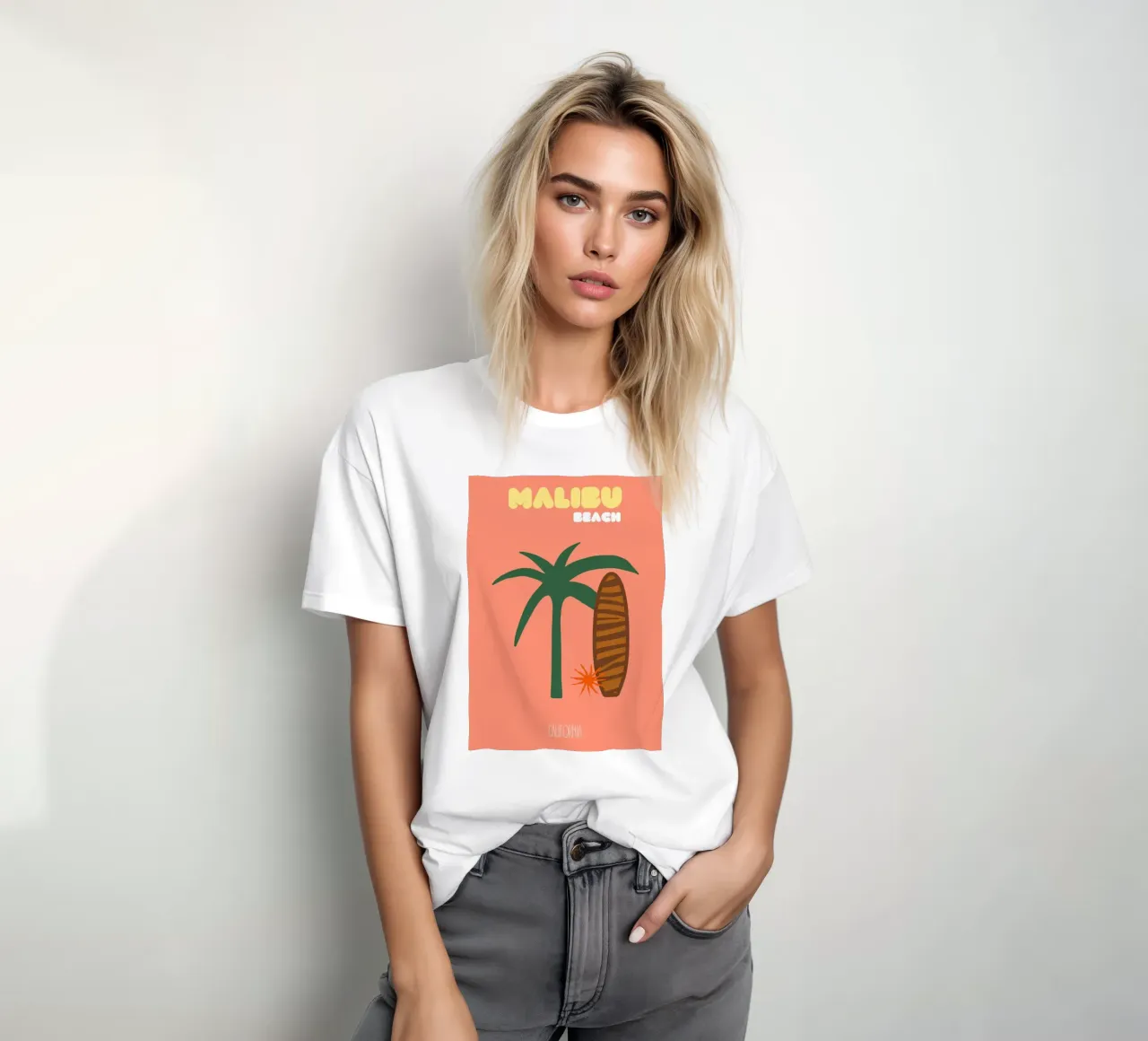 Malibu Beach Vibes - Mid-Century Modern Surf & Palm Print t-shirt by NorwesClub