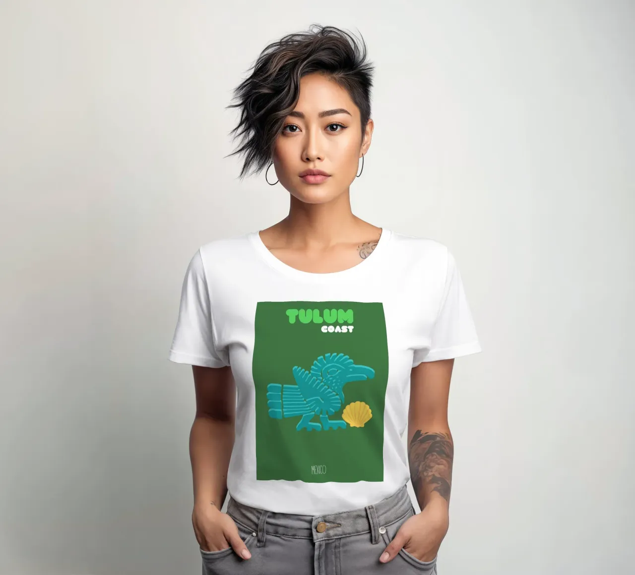 "Tulum Coast" Ancient Aztec Bird & Shell, Flat Design Art Pr women's fitted t-shirt by NorwesClub