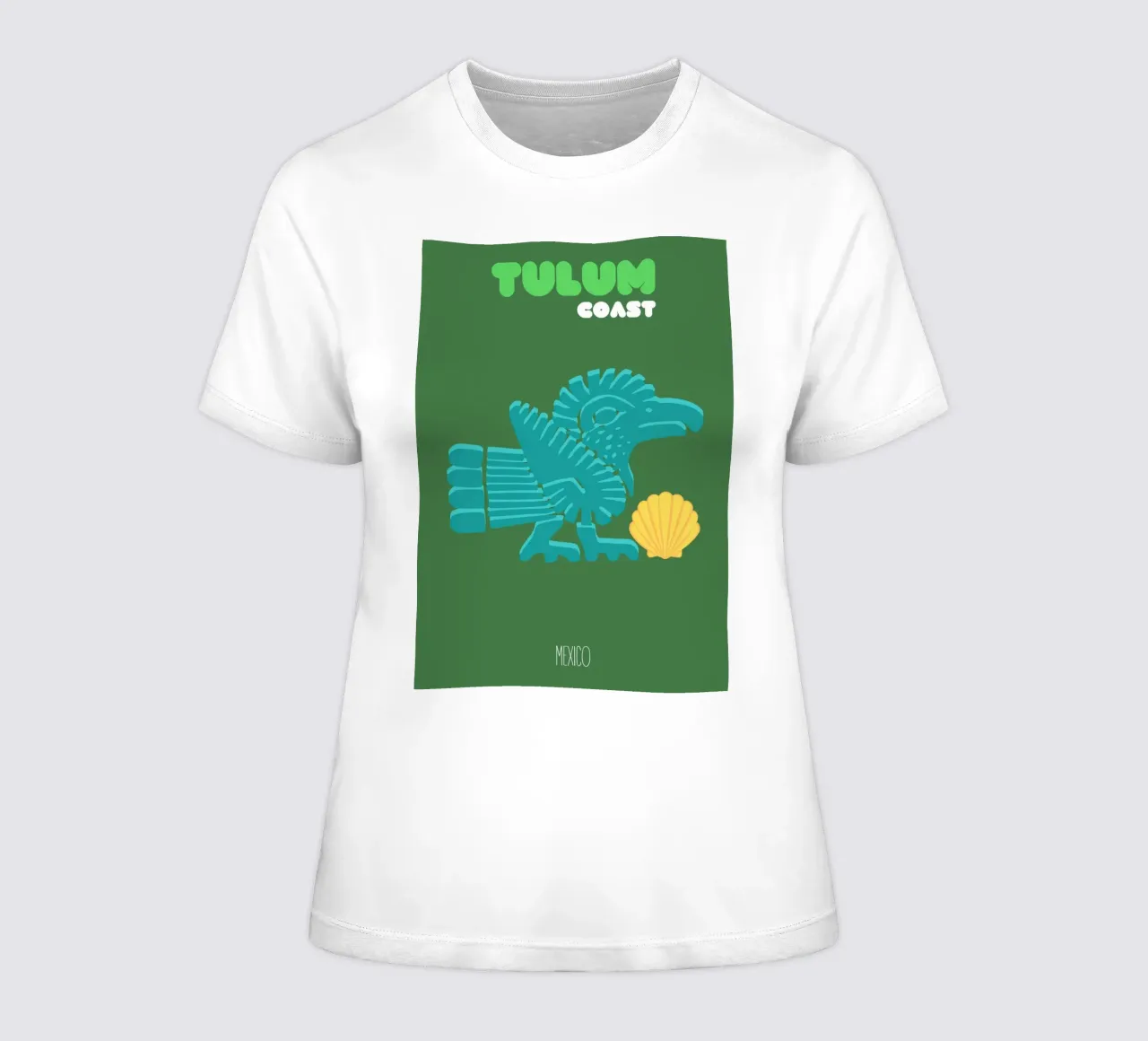 "Tulum Coast" Ancient Aztec Bird & Shell, Flat Design Art Pr women's fitted t-shirt by NorwesClub