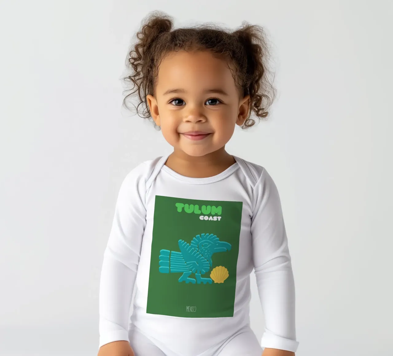 "Côte de Tulum" Ancien oiseau aztèque et coquillage, Flat Design Art Pr body manches longues de NorwesClub