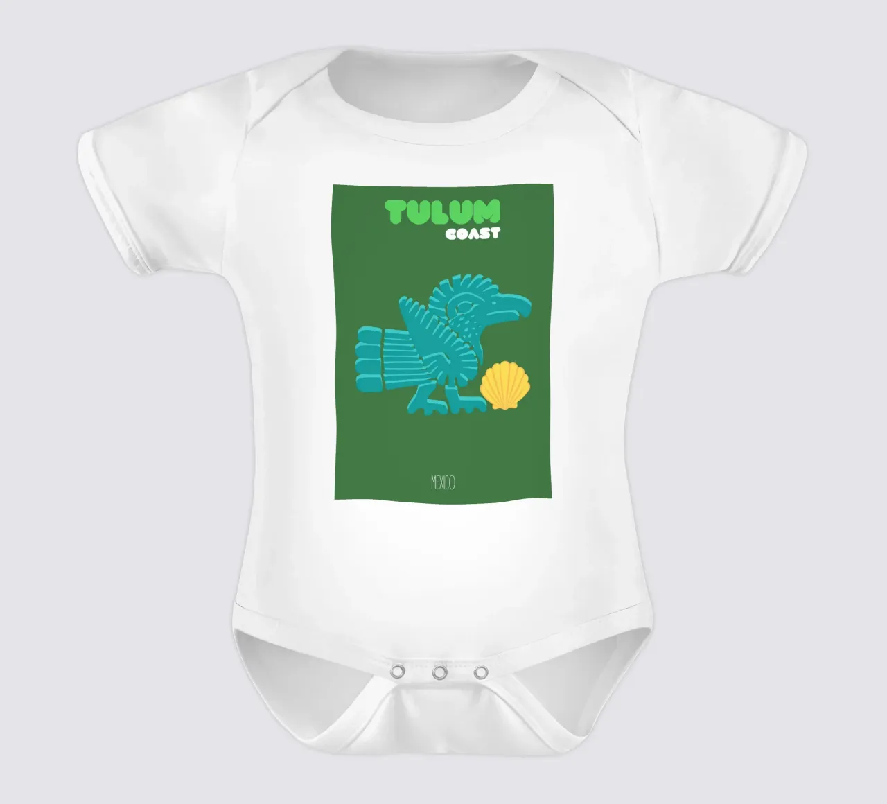 "Tulum Coast" Ancient Aztec Bird & Shell, Flat Design Art Pr short-sleeve baby romper by NorwesClub