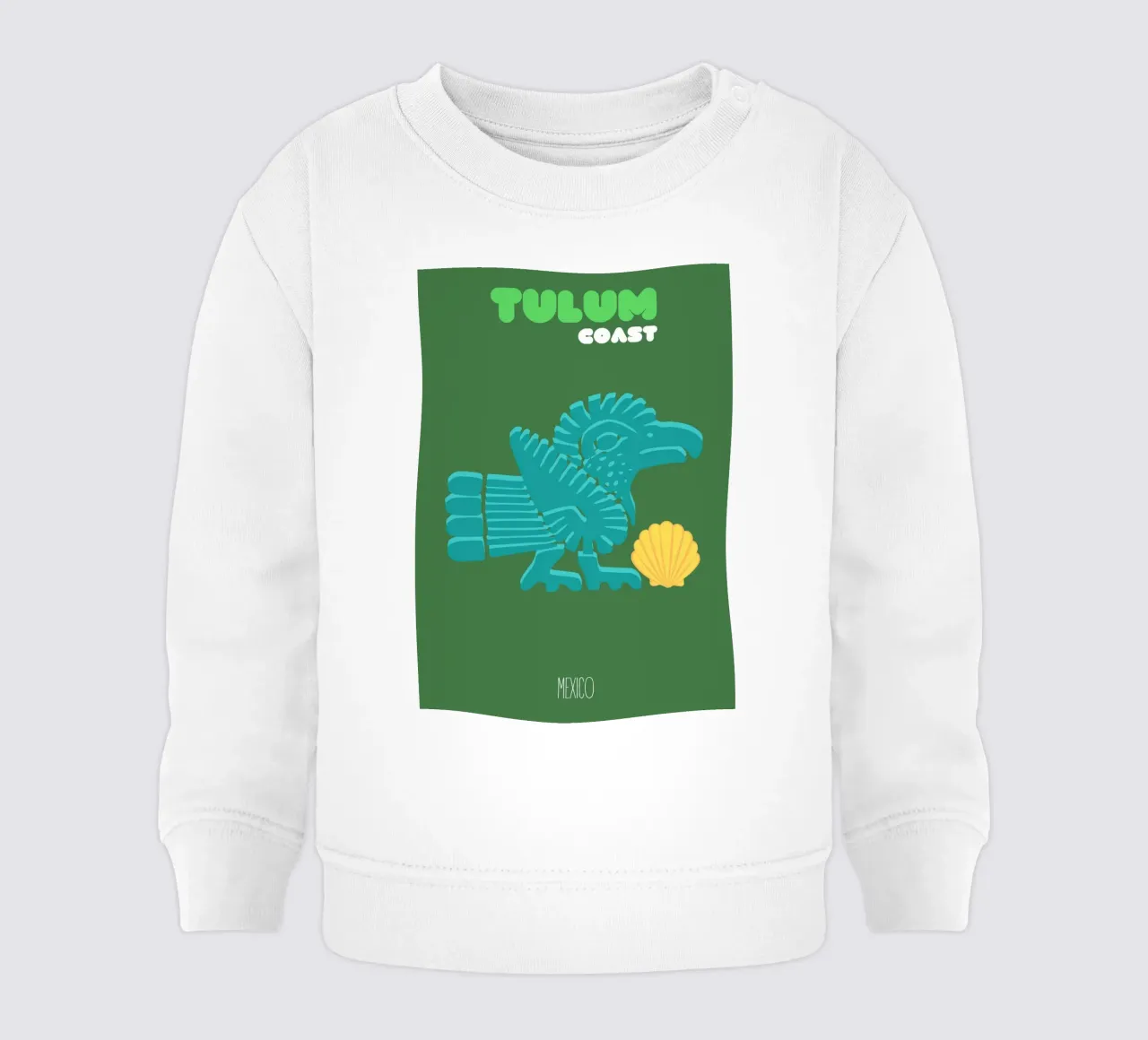 "Costa di Tulum" Antico uccello azteco e conchiglia, design piatto felpa neonato da NorwesClub