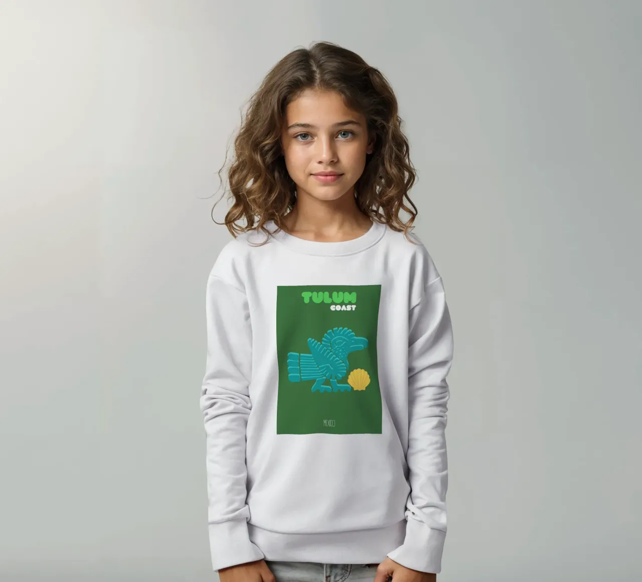"Costa di Tulum" Antico uccello azteco e conchiglia, design piatto felpa bambino da NorwesClub